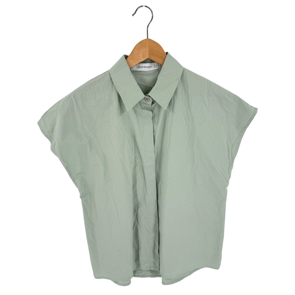 The Editor's Market Short Sleeve Button Up Sage Green US 8 Minimalist Boxy Top